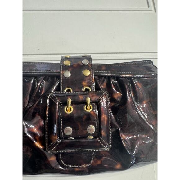 BE & D Patent Tortoise She’ll Leather Fold Over Clutch Handbag Gold Buckle - Picture 2 of 6
